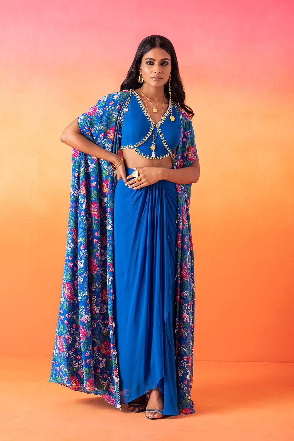 Electric Blue Printed Cape And Cami Top And Skirt Set – SeemaThukral