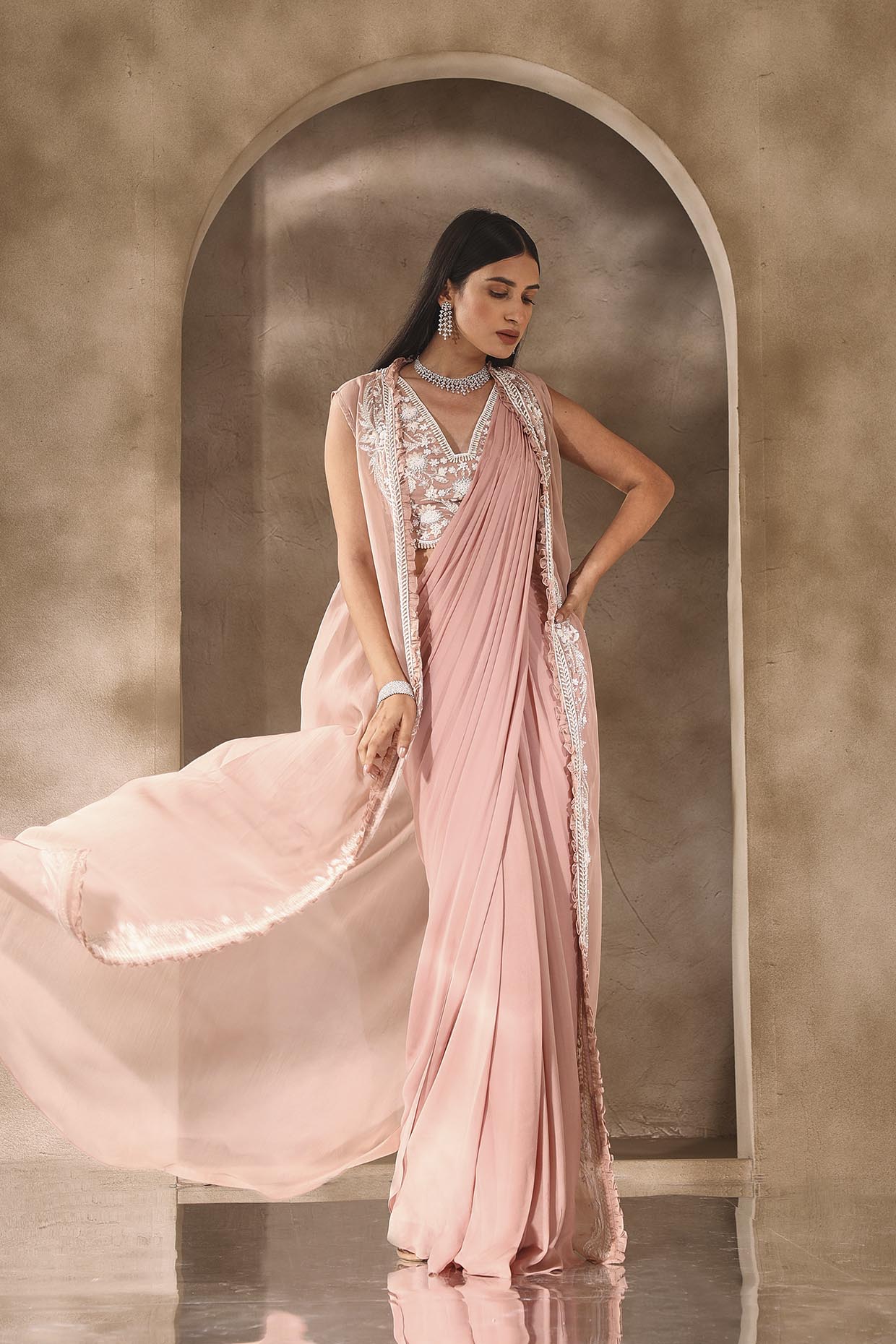 Dusty Pink Sequinned Net Saree - Aari Tari Online