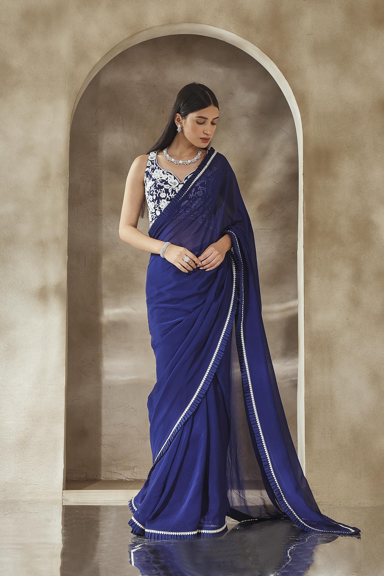 Royal Blue Multi Hued Dori Embroidered Organza Sari | Devnaagri – KYNAH