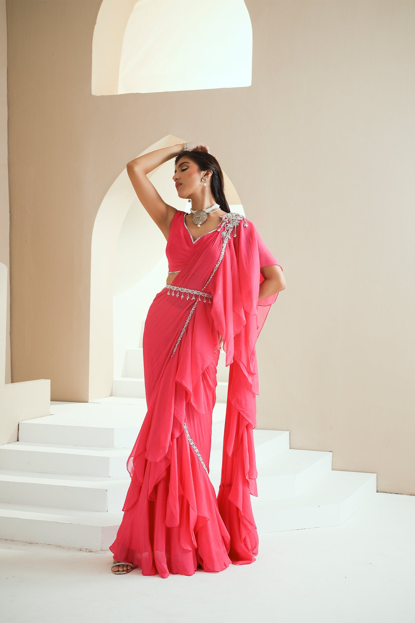 Hot Pink Organza Hand Embellished Saree Set Design by Jigar Mali at  Pernia's Pop Up Shop 2024