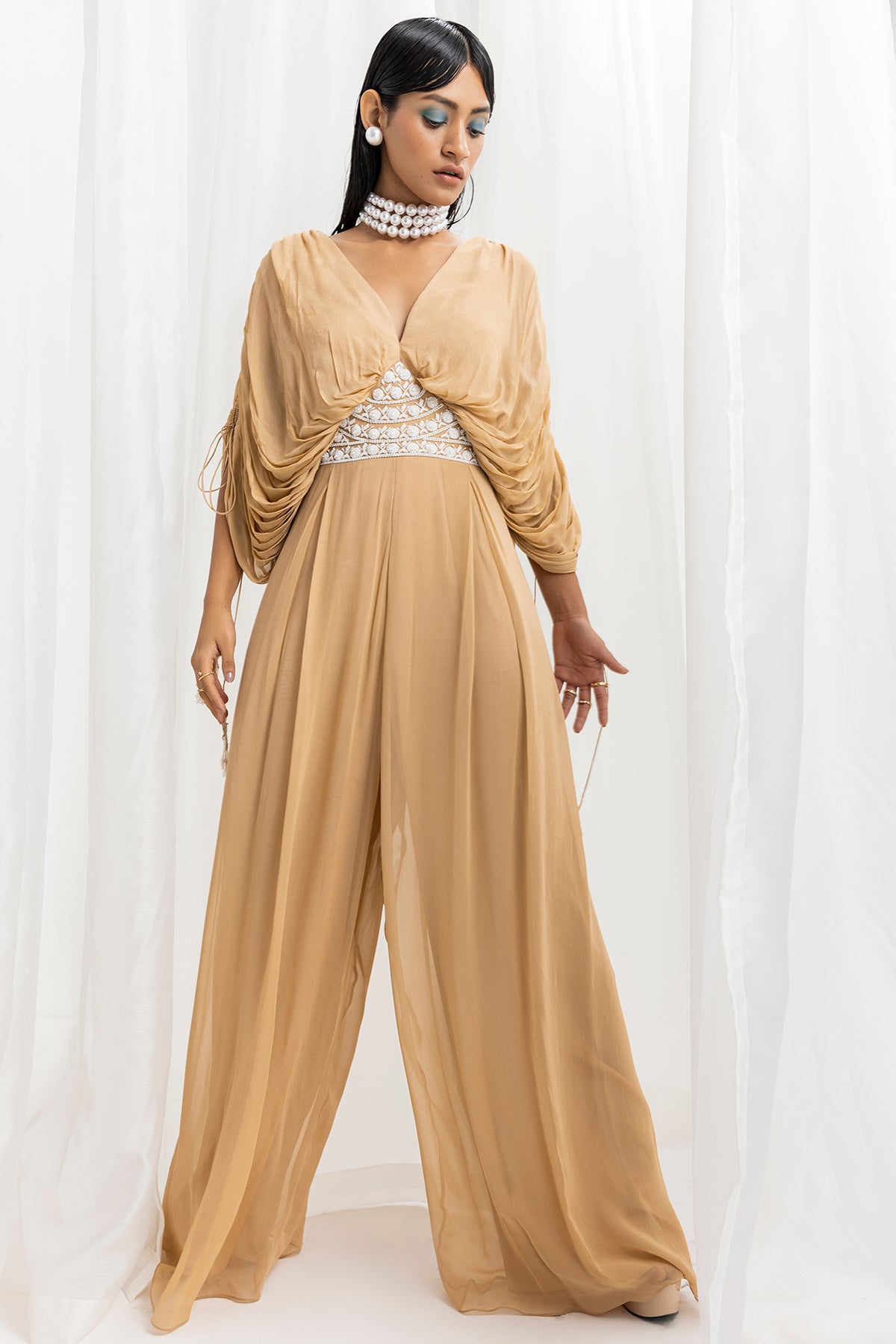 Dune Gold Chiffon & Georgette Embellished Draped Jumpsuit