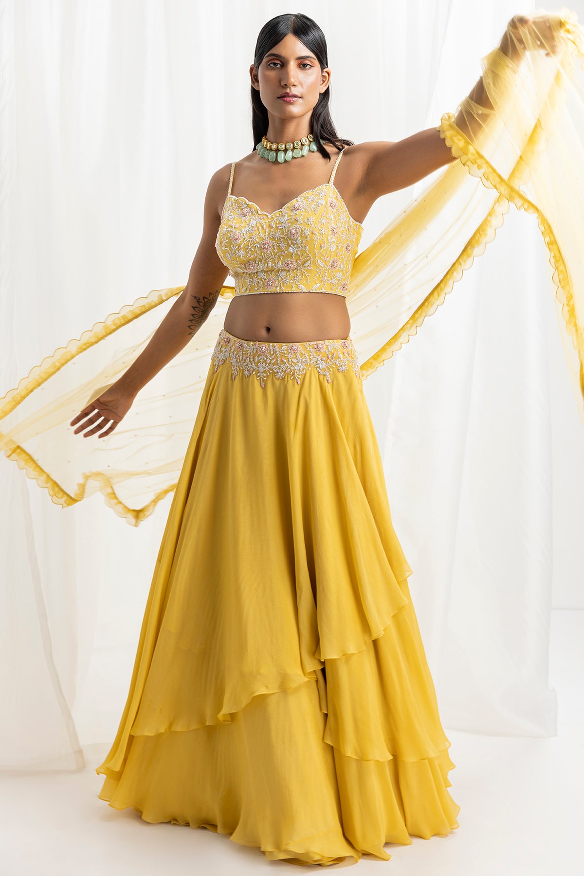 Yellow Chiffon Embellished Asymmetrical Skirt Set