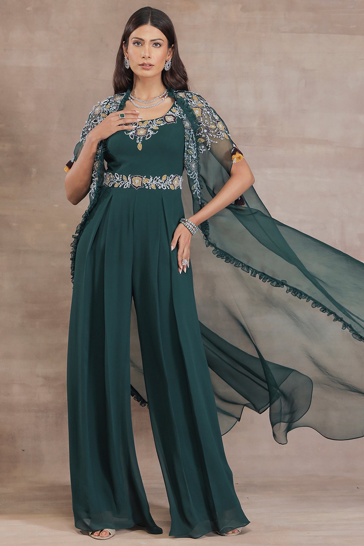 Bottle Green Jumpsuit With Hand Embroidered Cape