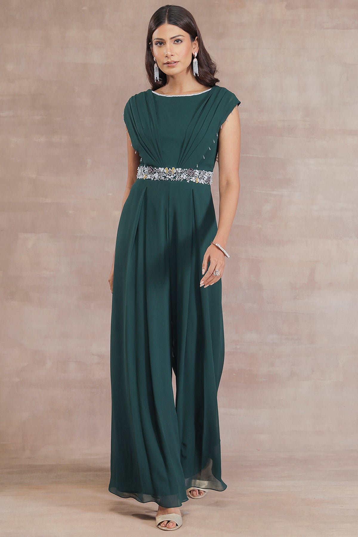 Bottle Green Jumpsuit With Hand Embroidered Belt