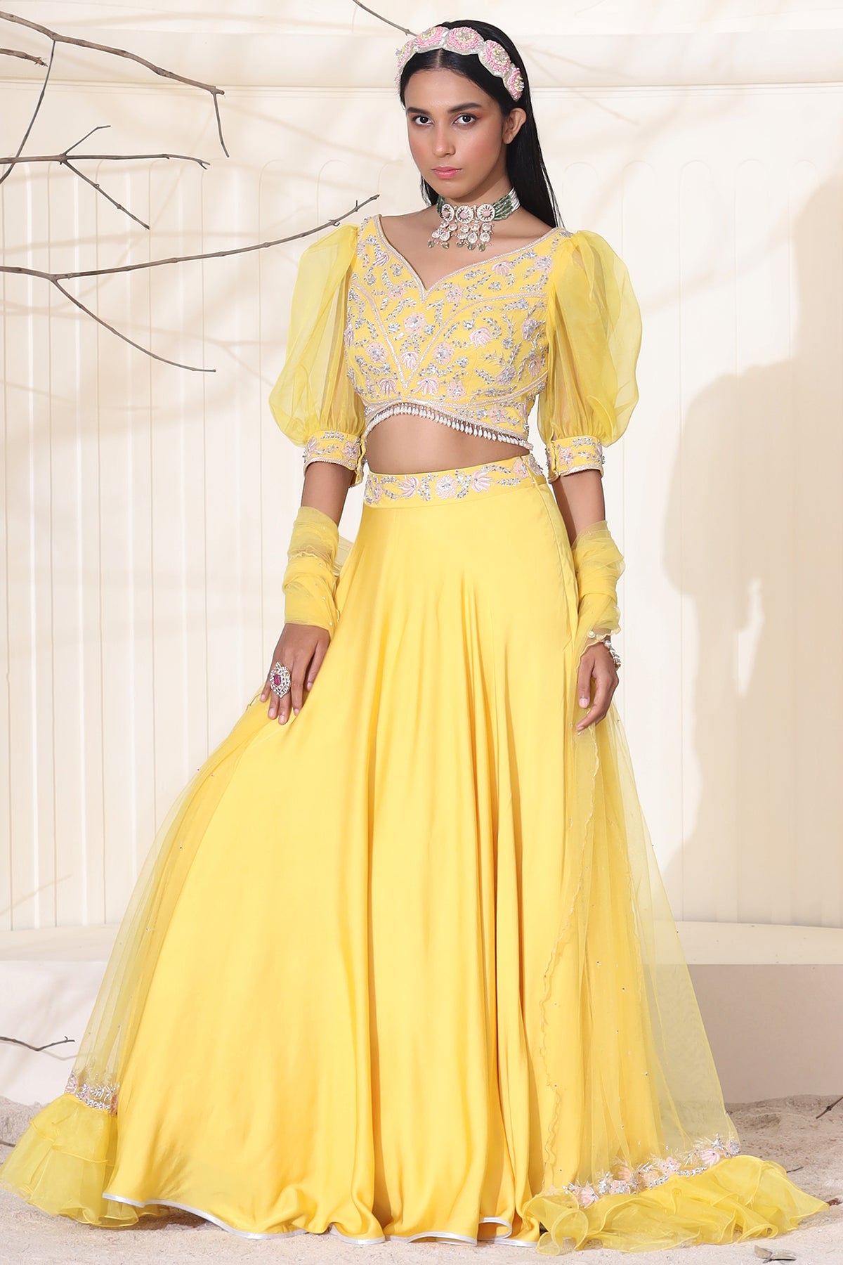 Mango Yellow Cotton Silk Lehenga Set