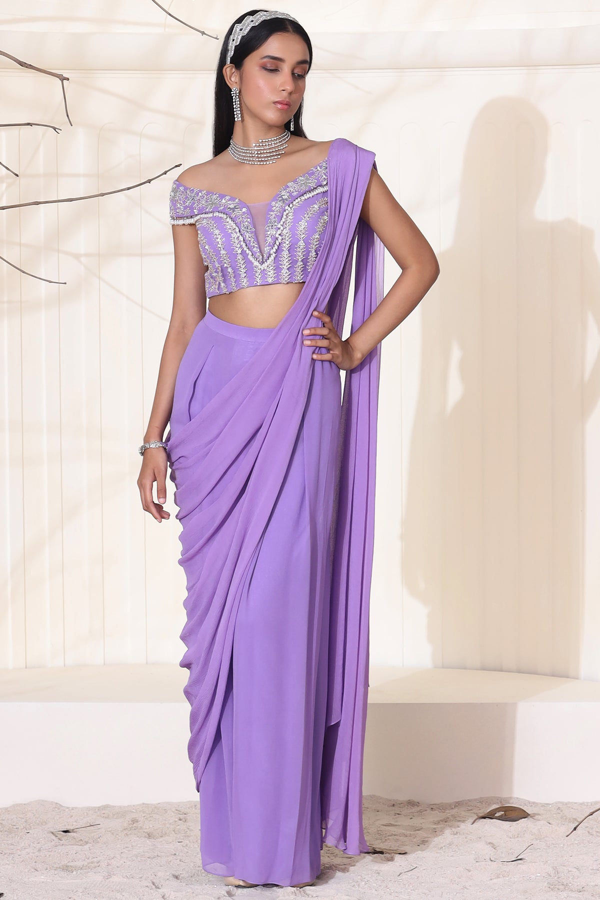 Lilac Chiffon & Georgette Pant Saree Set