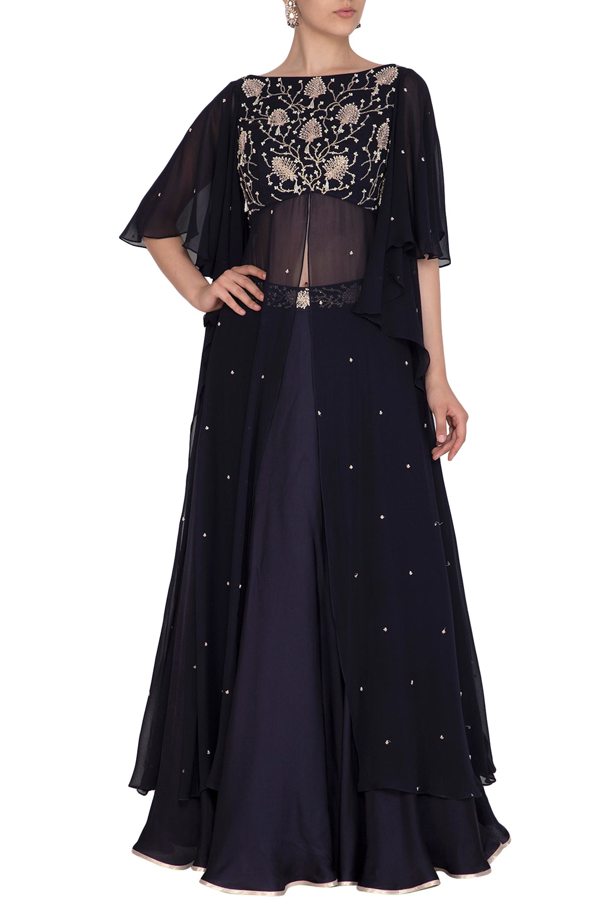 Midnight Blue Embroidered Blouse With Skirt