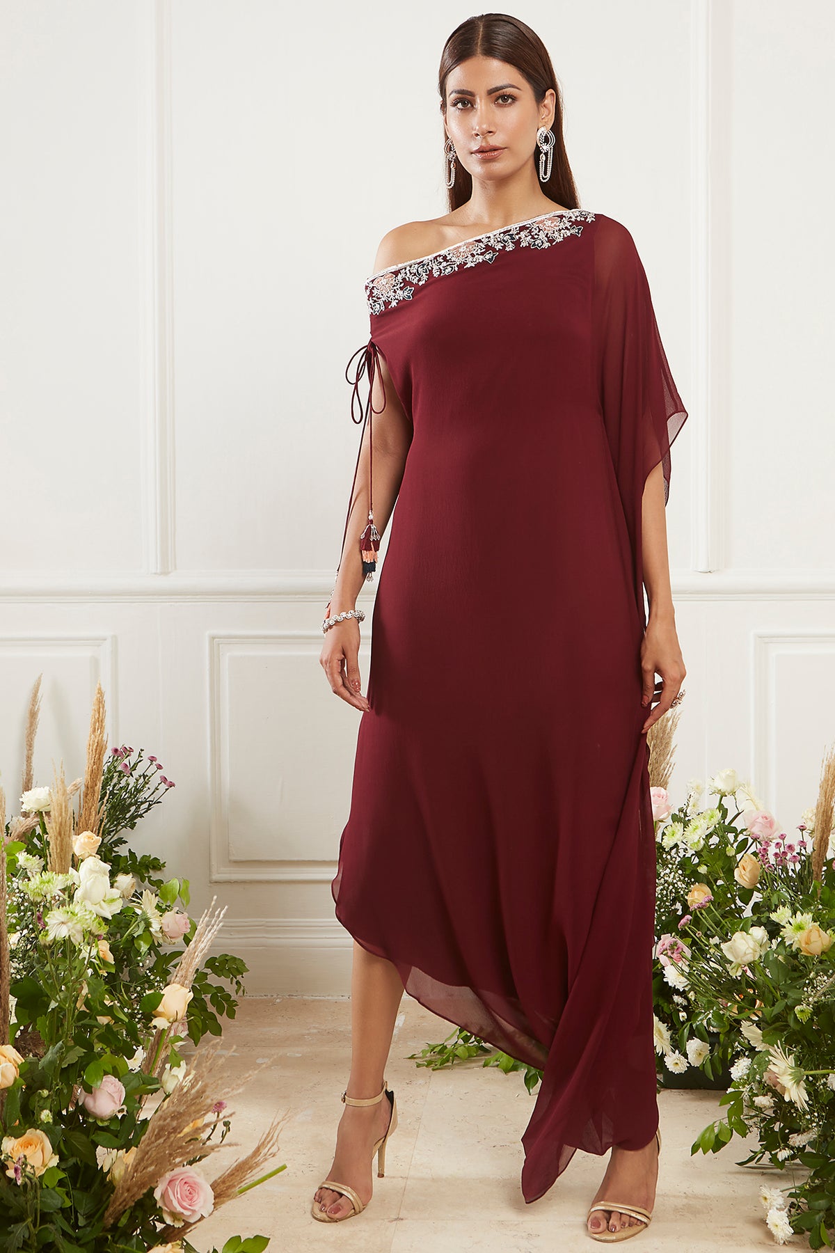 Maroon Sequins Hand Embroidered Kaftan