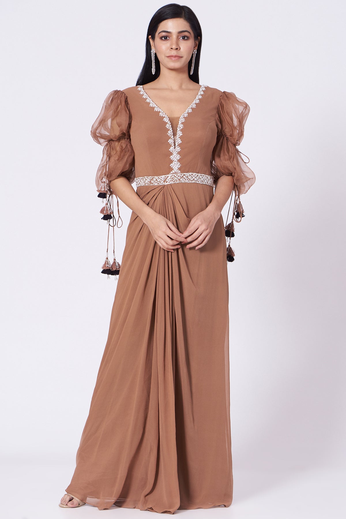 Brown Hand Embroidered Maxi Dress