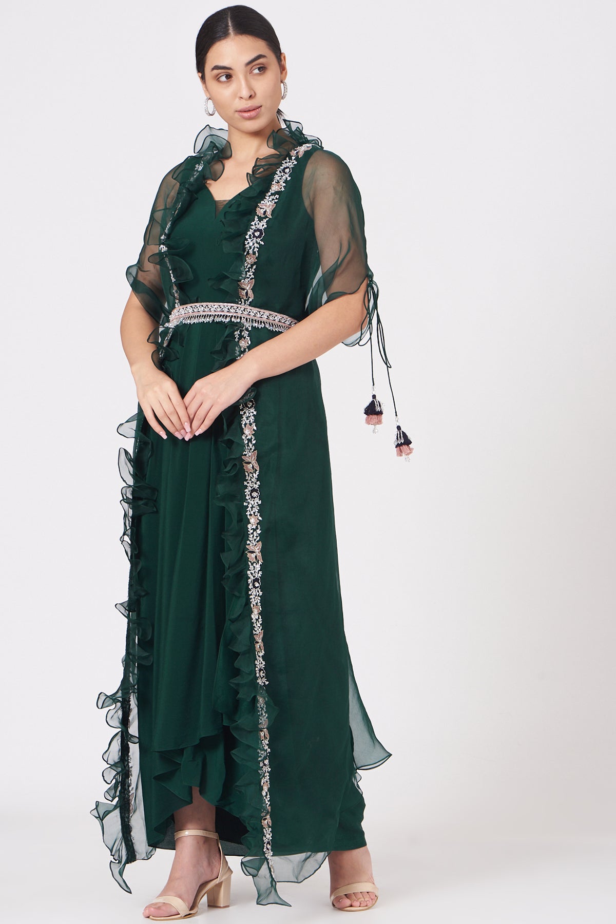 Emerald Green Pleated Dress With Embroidered Cape Jacket