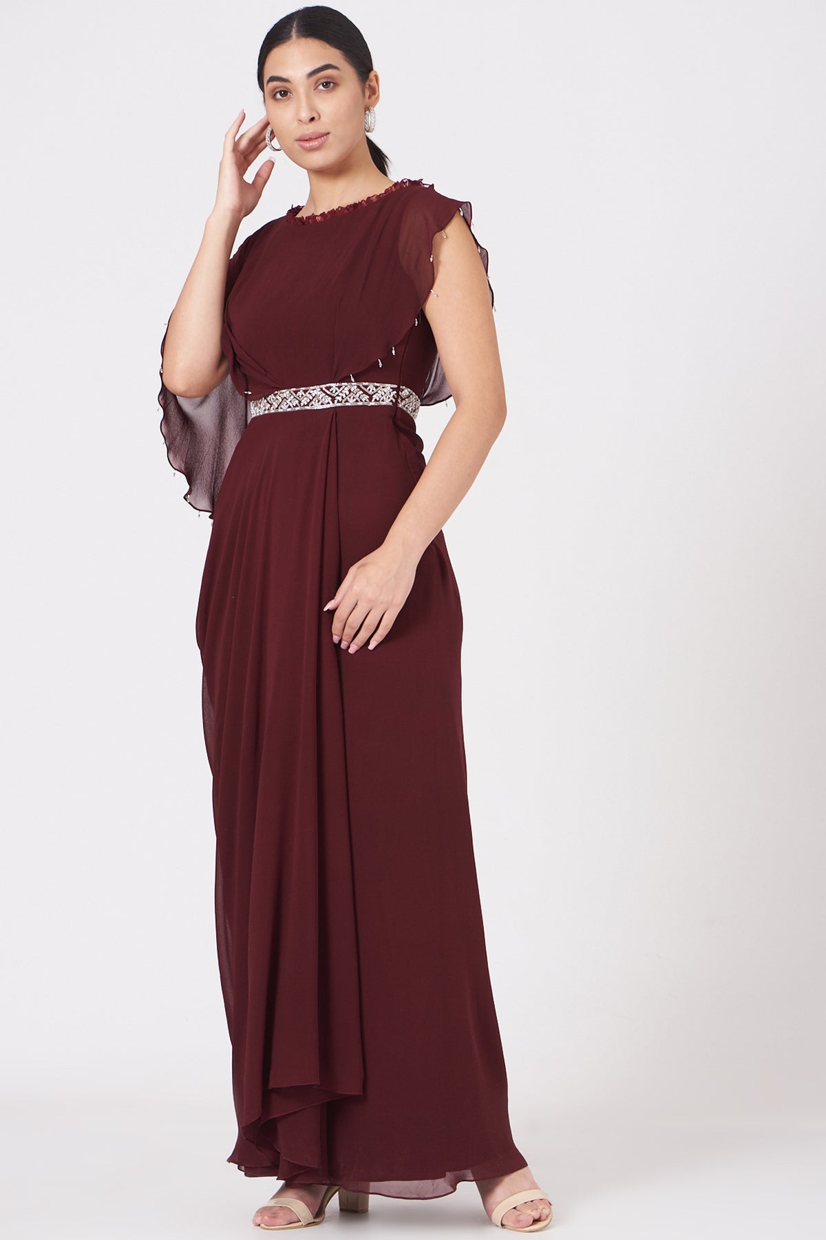 Maroon Draped Dress With Embroidered Belt