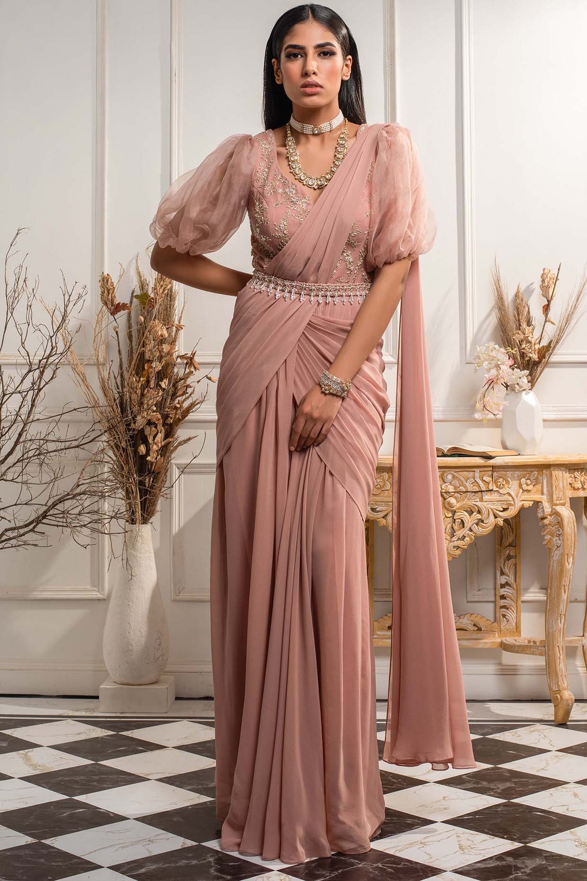 Blush Pink Embroidered Draped Saree Gown With Belt