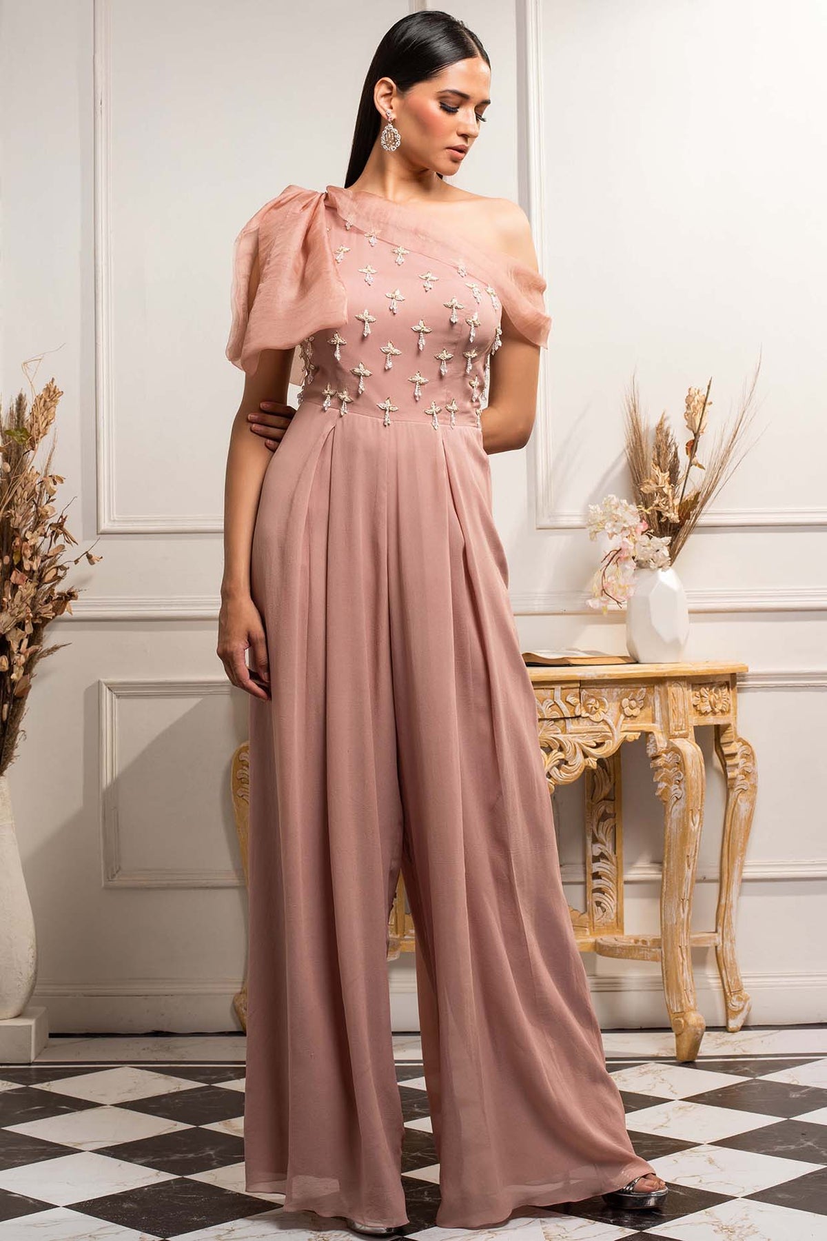 Blush Pink Off Shoulder Jumpsuit With Organza Bow