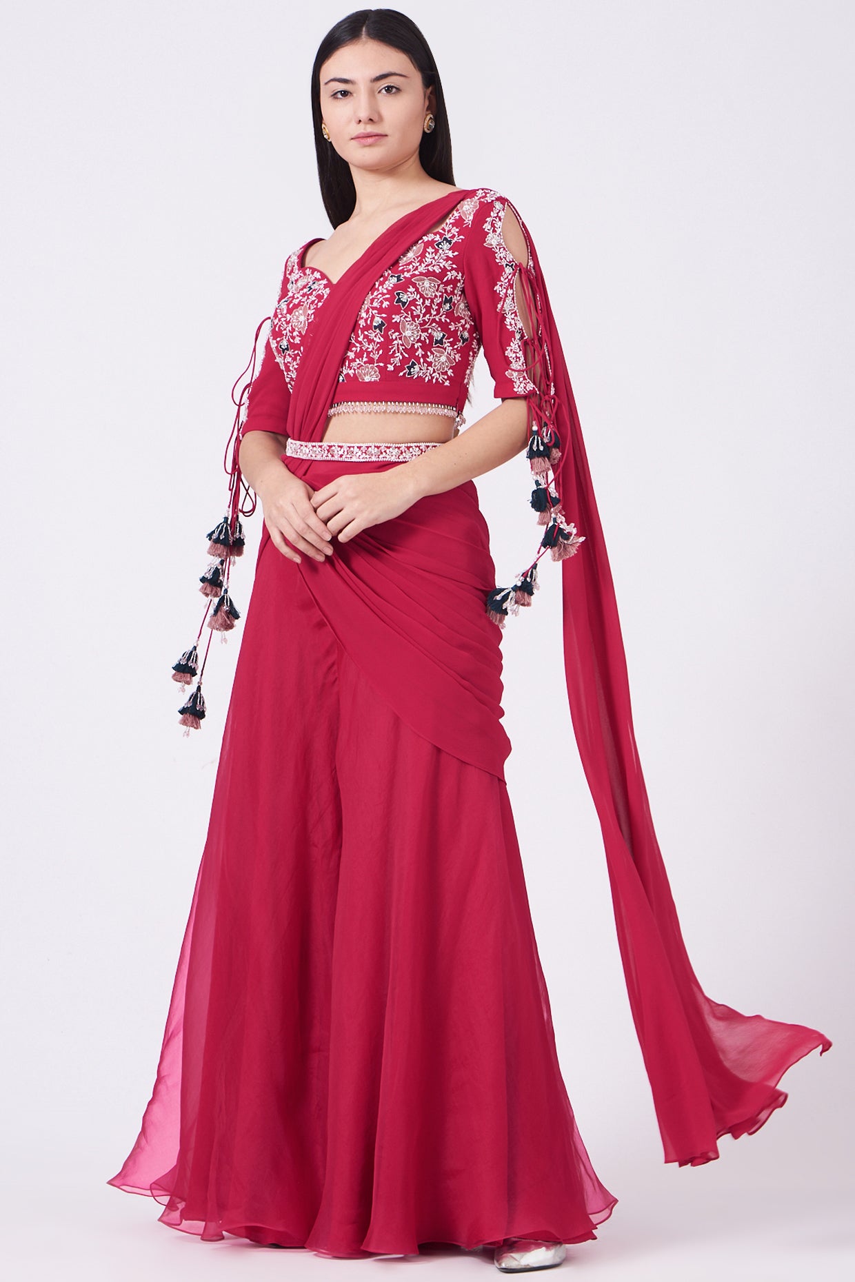 Cherry Red Printed Sharara Pant Saree Set with Mirror Work Blouse and  Draped Pallu - Seasons India